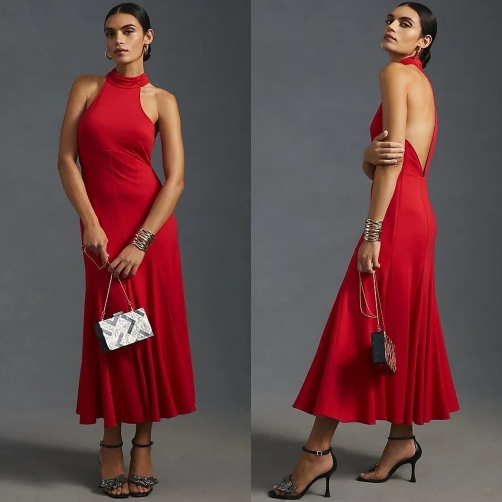 Anthropologie Maeve Halter Midi Dress in Red
